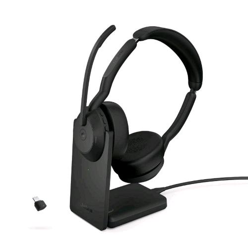 JABRA EVOLVE2 55 DUO MS LINK380C CUFFIE STEREO CON MICOFONO WIRELESS BLUETOOTH A PADIGLIONE CANCELAZIONE ATTIVA DEL RUMORE CON BASE DI RICARICA USB-C BLACK 