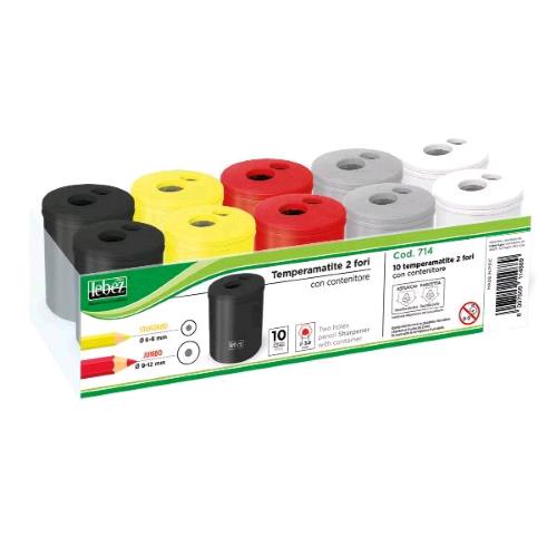 LEBEZ ESPOSITORE TEMPERINO 2 FORI CON CONTENITORE COLORI ASSORTITI CONF 10 Pz.
