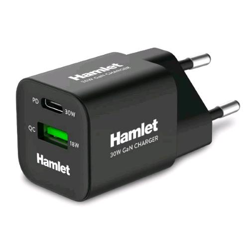 HAMLET XPDC-G3018Q ALIMENTATORE GAN 1 x USB-C POWER DELIVERY 3.0 30 W + 1 x USB-A QUICK CHARGE 3.0 18 W NERO