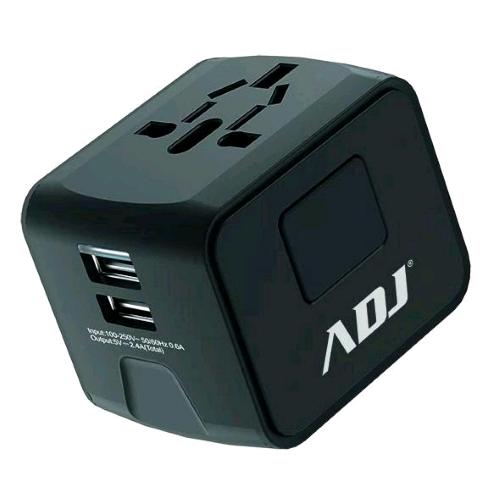 ADJ ADATTATORE UNIVERSALE DA VIAGGIO PER US/EU/AUS/UK 2.000 W + 2 PORTE USB-A 5V 2.4 A NERO