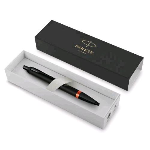 PARKER IM PROFESSIONALS VIBRANT RING PENNA A SFERA A SCATTO TRATTO 1 mm FUSTO IN ACCIAIO NERO FASCIA ARANCIO INCHIOSTRO NERO CONFEZIONE REGALO 
