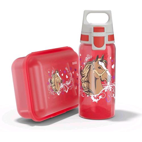 SIGG BOTTLES SET VIVA ONE KIDS BORRACCIA IN PP 0.5 LT CHIUSURA A SCATTO ERMETICA CON LUNCH BOX CON SCOMPARTI CAVALLI