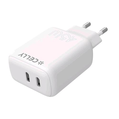 CELLY TRAVEL CHARGER PRO POWER 45 W CARICABATTERIE DA RETE 2 x USB-C BIANCO