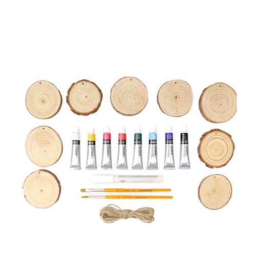 DALER ROWNEY SIMPLY WOOD PAINTING KIT CREATIVO CON 8 BARATTOLINI DI COLORI ACRILICI DA 18 ML 1 MARCATORE 2 PENNELLI 1 CORDA E 9 SEZIONI CIRCOLARI  IN LEGNO