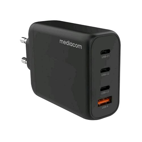 MEDIACOM MD-A220 CHARGER 100 W PD GaN CARICABATTERIE DA RETE PD 1 USB-A + 3 USB-C NERO