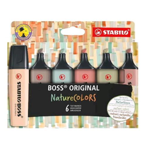 STABILO BOSS ORIGINAL NATURECOLORS EVIDENZIATORE PUNTA A SCALPELLO 2/5 mm COLORI ASSORTITI CONF 6 Pz.