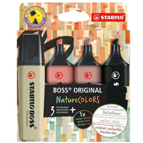 STABILO BOSS ORIGINAL NATURE COLORS EVIDENZIATORE PUNTA A SCALPELLO 2/5 mm COLORI ASSORTITI CONF 4 Pz.
