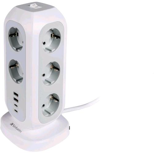 VERBATIM EUPT-01 POWER TOWER 15 IN 1 11 PRESE BIPASSO/SHUCKO + 2 x USB-A 2 x USB-C CON INTERRUTTORE CAVO 2 MT BIANCO/GRIGIO