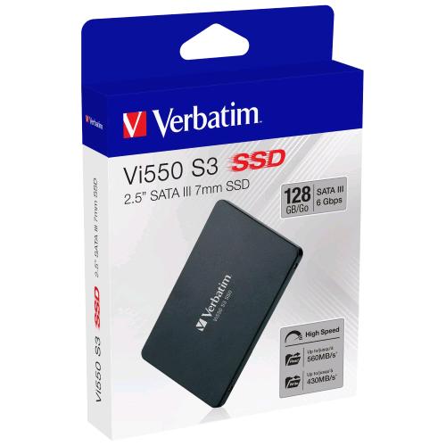 VERBATIM Vi550 S3 SSD 128GB SATA III 2.5" 3D NAND LETTURA 560 MB/s SCRITTURA 430 MB/s NERO