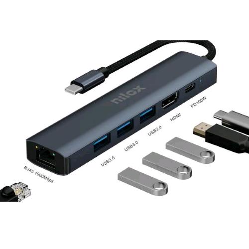 NILOX DOCKING STATION USB-C 6 IN 1 1 x HDMI 4K/30Hz 3 x USB-A 3.0 1 x RJ-45 GIGABIT 1 x USB-C PD 100 W IN ALLUMINIO