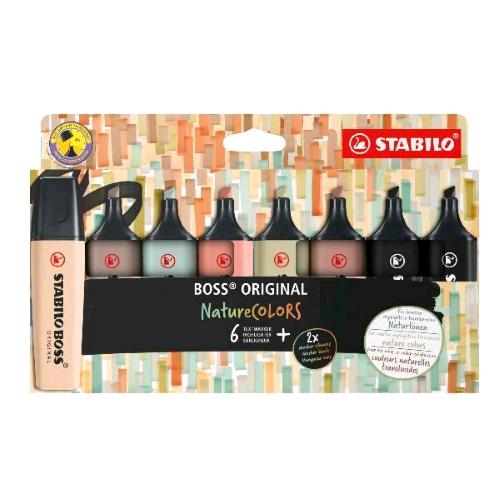 STABILO BOSS ORIGINAL NATURE COLORS EVIDENZIATORE PUNTA A SCALPELLO 2/5 mm COLORI ASSORTITI CONF 8 Pz. 