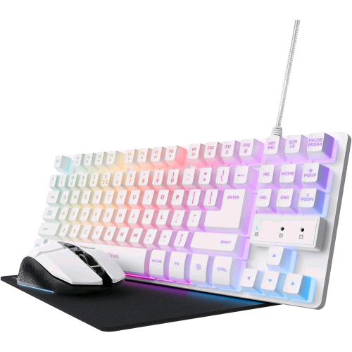 TRUST GXT794 W 3 in 1 TASTIERA COMPACT KTL GAMING QWERTY MOUSE WIRELESS 800-4800 DPI TAPPETINO GAMER BIANCO NERO
