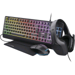 TRUST GX T792 QUADROX GAMING KIT 4 in 1 TASTIERA GAMING QWERTY LAYOUT ITALIANO + MOUSE USB 6 PULSANTI RGB + CUFFIE CON MICROFONO JACK 3.5mm + TAPPETINO GAMER NERO