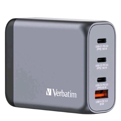 VERBATIM GNC-100 GaN CHARGER CARICABATTERIE DA RETE 100 W 4 USCITE 1 x USB-A 3 x USB-C GRIGIO