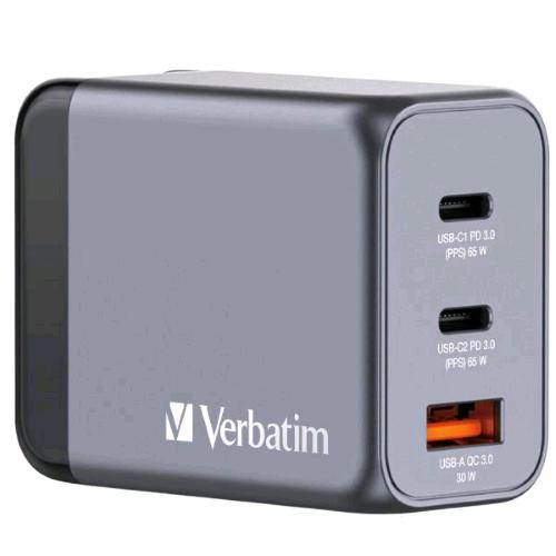 VERBATIM GNC-65 GaN CHARGER CARICABATTERIE DA RETE 65 W 3 USCITE 1 x USB-A 2 x USB-C GRIGIO