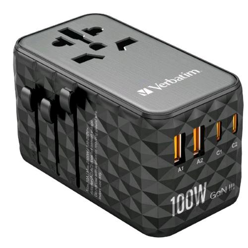 VERBATIM UNIVERSAL GaN III ADATTATORE UNIVERSALE DA VIAGGIO PER TUTTE LE SPINE DEL MONDO 100 W 2 x USB-C 2 x USB-A NERO