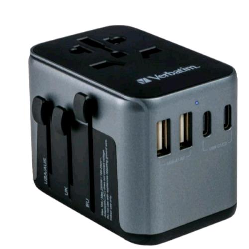 VERBATIM UNIVERSAL GaN III ADATTATORE UNIVERSALE DA VIAGGIO PER TUTTE LE SPINE DEL MONDO 30 W 2 x USB-C 2 x USB-A NERO