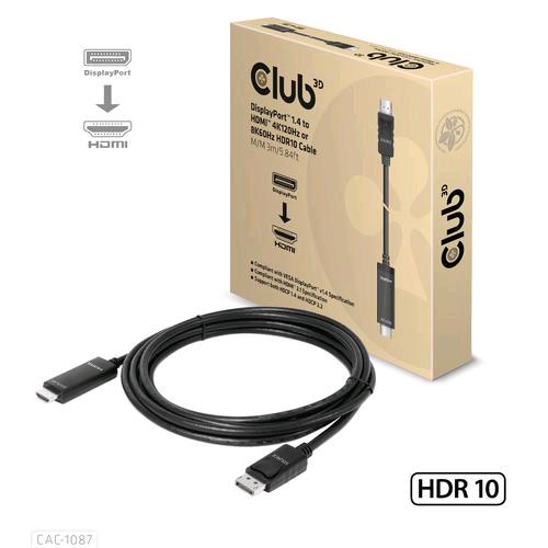 CLUB3D CAC-1087 CAVO ADATTATORE DA DISPLAYPORT 1.4 AD HDMI 4K144Hz or 8K60Hz HDR10 MASCHIO/MASCHIO 3 MT NERO