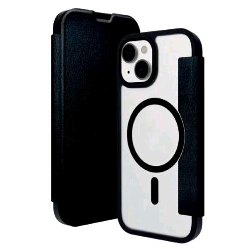 DBRAMANTE 1928 HELSINKI APPLE iPHONE 15 PLUS CUSTODIA A PORTAFOGLIO MagSafe PARTE ANTERIORE IN SIMILPELLE NERA PARTE POSTERIORE TRASPARENTE CON MAGNETE MagSafe NERO INTEGRATO