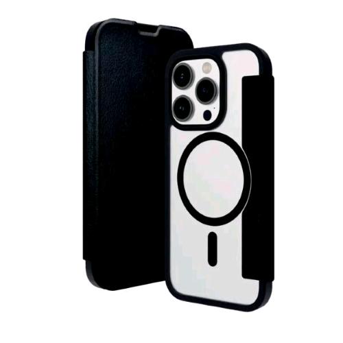 DBRAMANTE 1928 HELSINKI APPLE iPHONE 15 PRO CUSTODIA A PORTAFOGLIO MagSafe PARTE ANTERIORE IN SIMILPELLE NERA PARTE POSTERIORE TRASPARENTE CON MAGNETE MagSafe NERO INTEGRATO