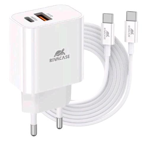 RIVACASE CARICABATTERIE DA RETE PD 20 W 2 USCITE 1 x USB-A 1 x USB-C + CAVO USB-C MASCHIO/MASCHIO 1 MT BIANCO