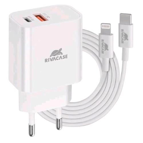 RIVACASE CARICABATTERIE DA RETE PD 20 W 2 USCITE 1 x USB-A 1 x USB-C + CAVO DA USB-C A LIGHTNING MASCHIO/MASCHIO 1 MT BIANCO