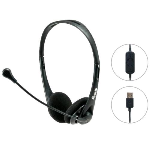 EQUIP CUFFIA STEREO CON MICROFONO USB-A PULSANTE VOLUME E DISATTIVAZIONE AUDIO SUL CAVO 1.8 MT NERO