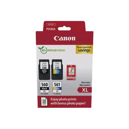 CANON PG-560XL/CL-561XL PHOTO VALUE PACK COFEZIONE 2 INK NERO COLORE CIANO MAGENTA GIALLO ALTA RESA + 50 FOGLI PHOTO PAPER PLUS GLOSSY II LUCIDO 100 x 150 mm