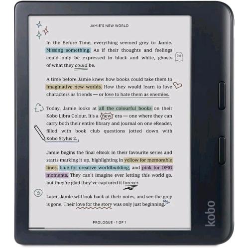 KOBO LIBRA COLOUR E-READER 7" GLARE-FREE COLOUR E INK KALEIDO 3 DISPLAY DARK MODE OPTION AUDIOBOOKS WATERPROOF BLACK