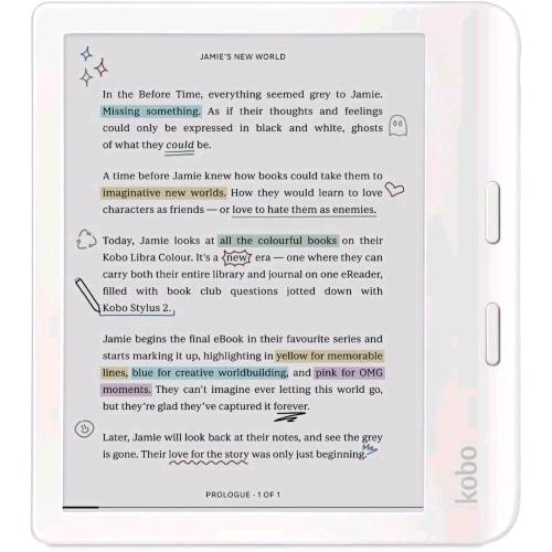 KOBO LIBRA COLOUR E-READER 7" GLARE-FREE COLOUR E INK KALEIDO 3 DISPLAY DARK MODE OPTION AUDIOBOOKS WATERPROOF WHITE