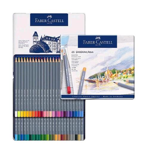FABER CASTELL GOLDFABER AQUA PASTELLI ACQUARELLABILI MINA 3.3 mm ASTUCCIO IN METALLO COLORI ASSORTITI CONF 48 Pz.