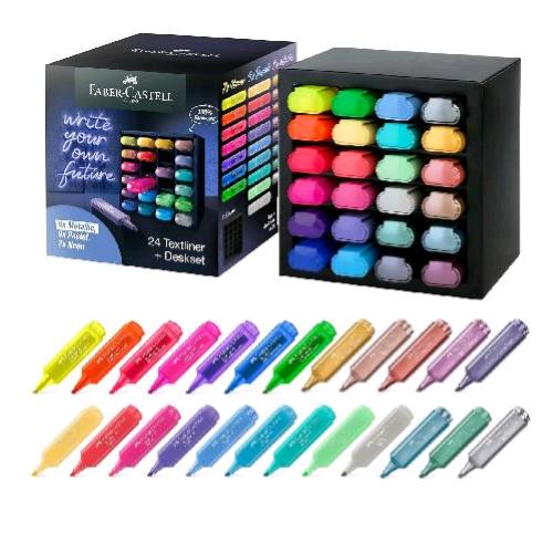 FABER CASTELL EVIDENZIATORE PUNTA A SCALPELLO SET DA SCRIVANIA COLORI ASSORTITI NEON PASTELLO E METALLZZATI CONF 24 Pz.