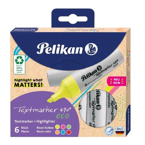 PELIKAN TEXTMARKER 490 ECO EVIDENZIATORE PUNTA A SCALPELLO COLORI ASSORTITI CONF 6 Pz.