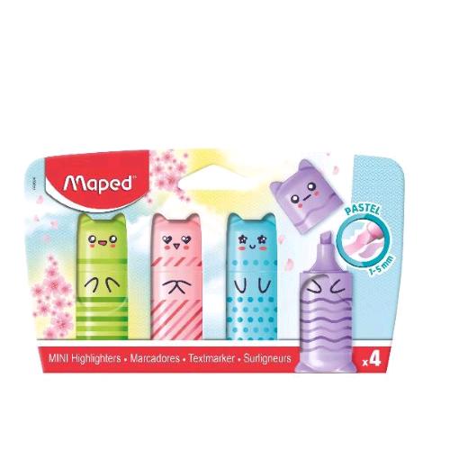 MAPED EVIDENZIATORE  MINI PASTEL POCKET PUNTA A SCALPELLO 5/7 mm COLORI ASSORTITI CONF 4 Pz.