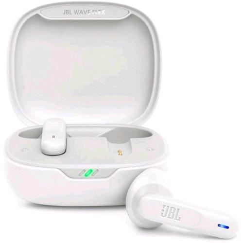 JBL WAVE FLEX AURICOLARI WIRELESS IN-EAR BLUETOOTH WATERPROOF IP54 E ANTIPOLVERE IPX2 DEEP BASS SOUND TECNOLOGIA TALKTHRU E AMBIENTAWARE FINO A 32 H DI AUTONOMIA CON CUSTODIA DI RICARICA BIANCO