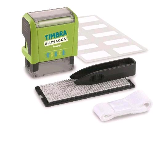 TRODAT TIMBRA E ATTACCA TIMBRO AUTOINCHIOSTRANTE AUTOCOMPONIBILE 14X38 mm CON SET DI LETTERE ETICHETTE E NASTRO TERMOADESIVO 
