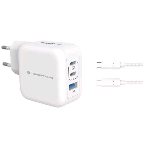 CONCEPTRONIC ALTHEA17W CARIBATTERIE DA RETE USB PD GaN 3 PORTE 67 W CON CAVO DI RICARICA USB-C MASCHIO-MASCHIO 1.5 MT BIANCO