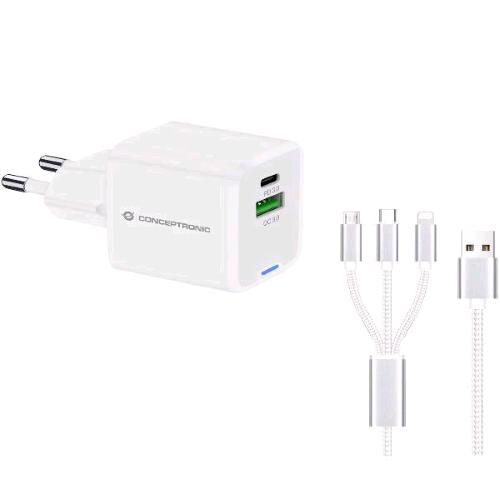 CONCEPTRONIC ALTHEA16W CARICABATTERIE USB PD GaN 33 W 2 PORTE (1x USB-C, 1x USB-A, QC 3.0, PPS) CON CAVO DI RICARICA 3 IN 1 BIANCO