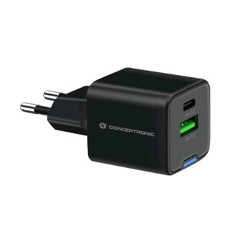 CONCEPTRONIC ALTHEA15B CARICABATTERIE DA RETE GaN PD 20 W 2 PORTE 1x USB-C, 1x USB-A, QC 3.0, PPS NERO