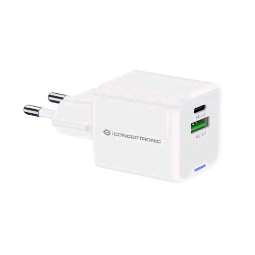 CONCEPTRONIC ALTHEA15W CARICABATTERIE DA RETE GaN PD 20 W 2 PORTE 1x USB-C, 1x USB-A, QC 3.0, PPS BIANCO
