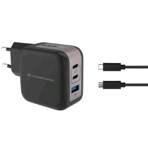 CONCEPTRONIC ALTHEA17B CARICABATTERIE DA RETE GaN PD 67 W 3 PORTE 2x USB-C, 1x USB-A, QC 3.0, PPS CAVO USB-C 1.5 MT 3A INCLUSO NERO