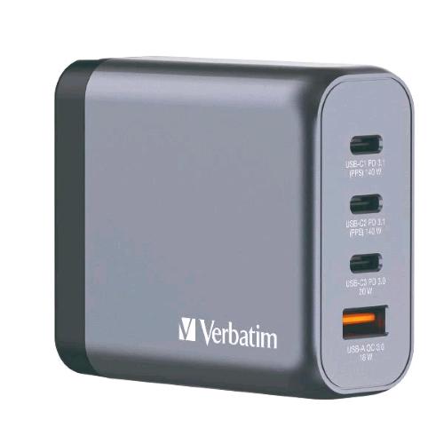 VERBATIM GaN CHARGER CARICABATTERIE DA RETE MULTINAZIONE 4 PORTE 140 W 3 x USB-C 1 x USB-A SPINA RIPIEGABILE PER EU USA e UK GRIGIO