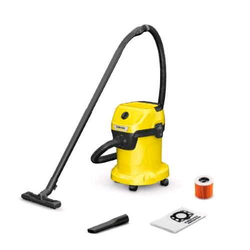 KAERCHER WD 3 V-17/4/20 ASPIRATORE SOLIDO LIQUIDI 1000W CAPACITA' 17 LT TUBO DA 2 MT CON BOCCHETTA PER FESSURE GIALLO