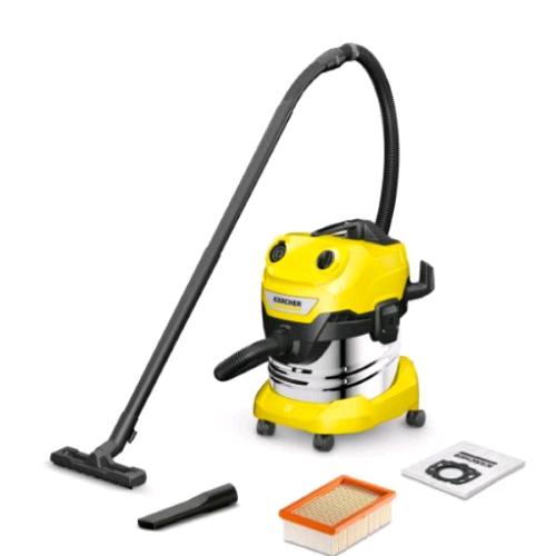 KAERCHER WD 4 S V-20/5/22 ASPIRATORE SOLIDO LIQUIDI 1000W BIDONE IN ACCIAIO DA 20 LT TUBO DA 2.2 MT FUNZIONE SOFFIATORE GIALLO