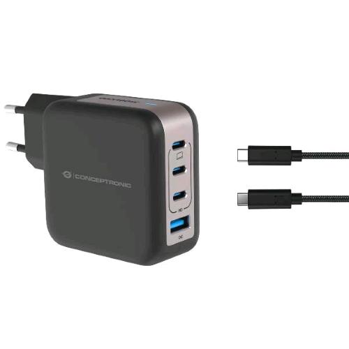 CONCEPTRONIC ALTHEA18B CARICABATTERIE DA RETE GaN PD 100 W 4 PORTE 3 x USB-C - 1x USB-A, QC 3.0 PPS CON CAVO USB-C MASCHIO-MASCHIO 1.5 MT INCLUSO NERO
