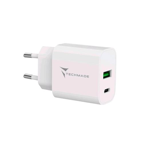 TECHMADE TM-389 CARICABATTERIA DA RETE 20 W FAST CHARGHER 2 PORTE - 1 X USB-C - 1 X USB-A BIANCO