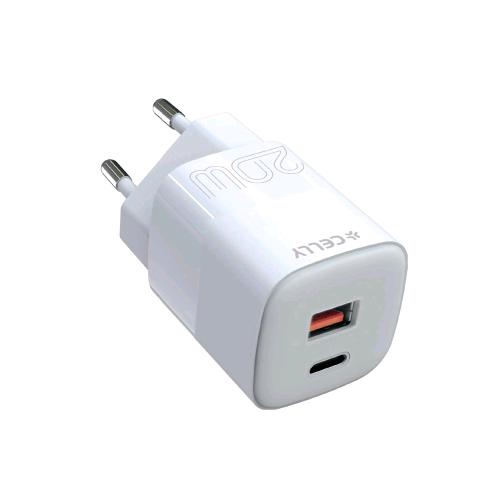 CELLY PRO POWER CARICABATTERIE DA RETE PD 20 W 2 USCITE - 1 x USB-A 1 x USB-C BIANCO