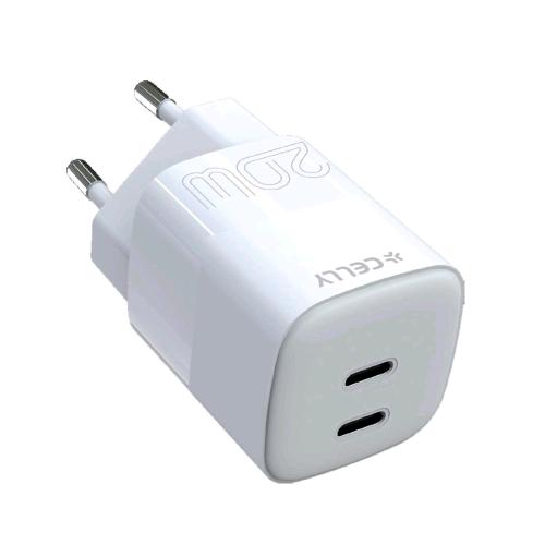 CELLY PRO POWER CARICABATTERIE DA RETE PD 20 W 2 USCITE - 2 x USB-C BIANCO