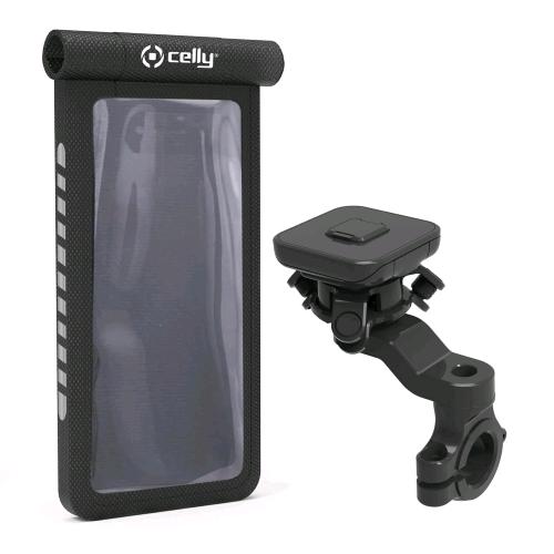CELLY SUPPORTO PER SMARTPHONE FINO A 6.9" BICI/ EBIKE/ MONOPATTINI FISSAGGIO MANUBRIO CON CUSTODIA WATERPROOF REMOVIBILE FINESTRA TRASPARENTE È COMPATIBILE CON LA FUNZIONE FACE ID E TOUCH NERO