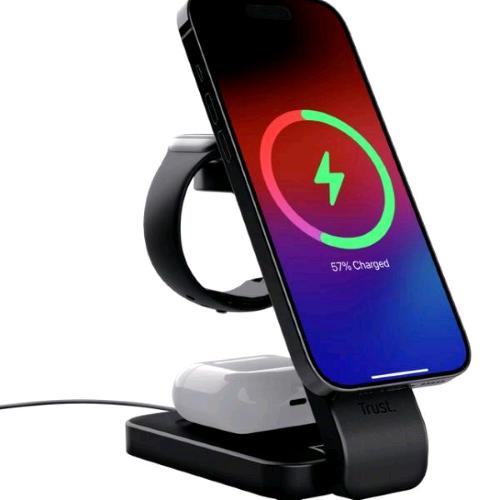 TRUST VIRO 3 IN 1 CARICABATTERIE MAGNETICO 20 W PER iPHONE - APPLE WATCH - AIRPODS CON STAND RICHIUDIBILE NERO
